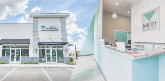A split image showing both the exterior and front desk of a Medi-Weightloss clinic. | Medi-Weightloss
